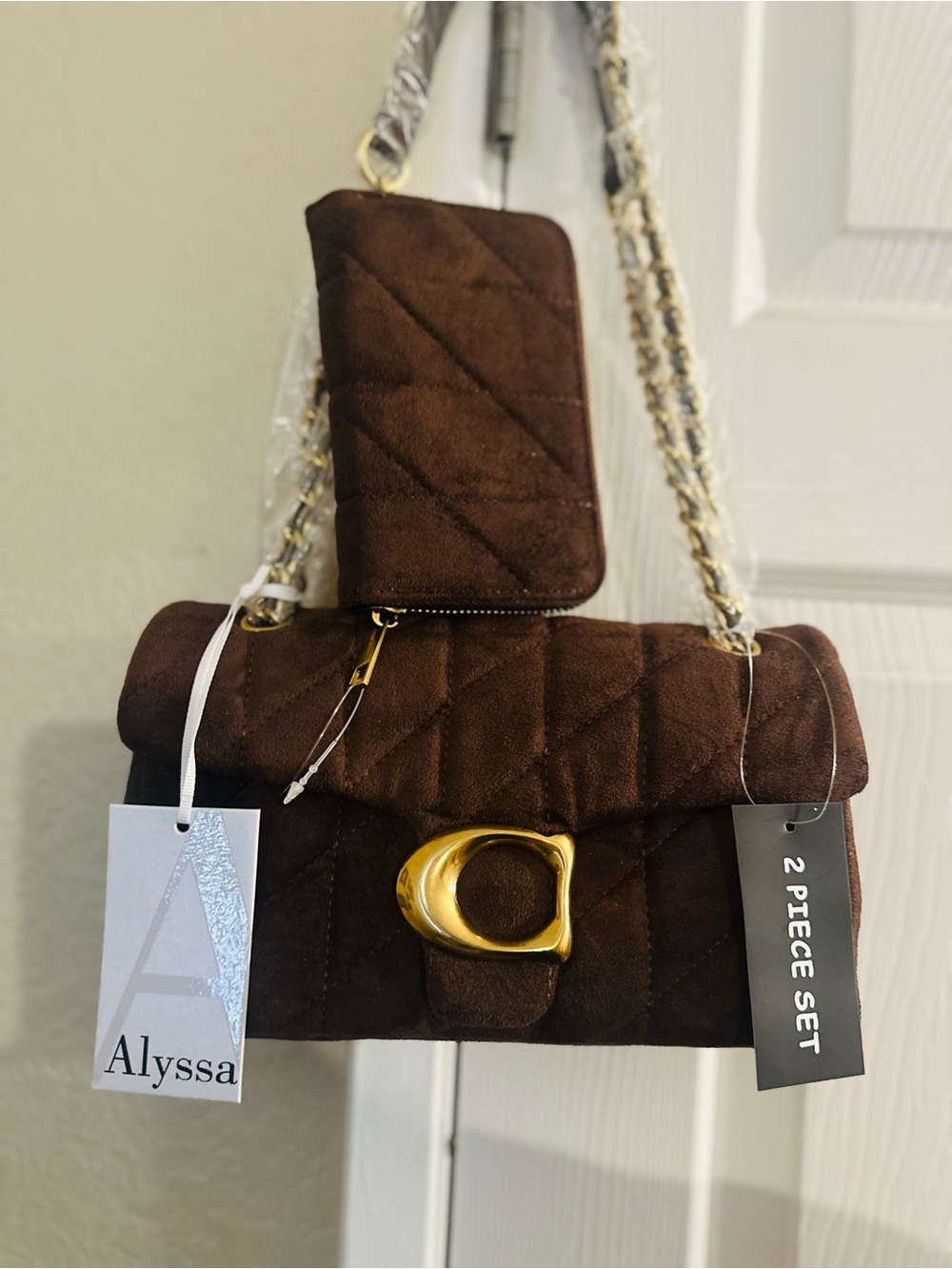 inspired Quilted Suede Brown Shoulder Bag & Wallet Set with Gold Hardware